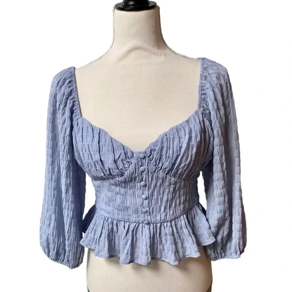 Lush Blue Smocked Peplum Top Puff Sleeve Sweetheart Neck Blouse M